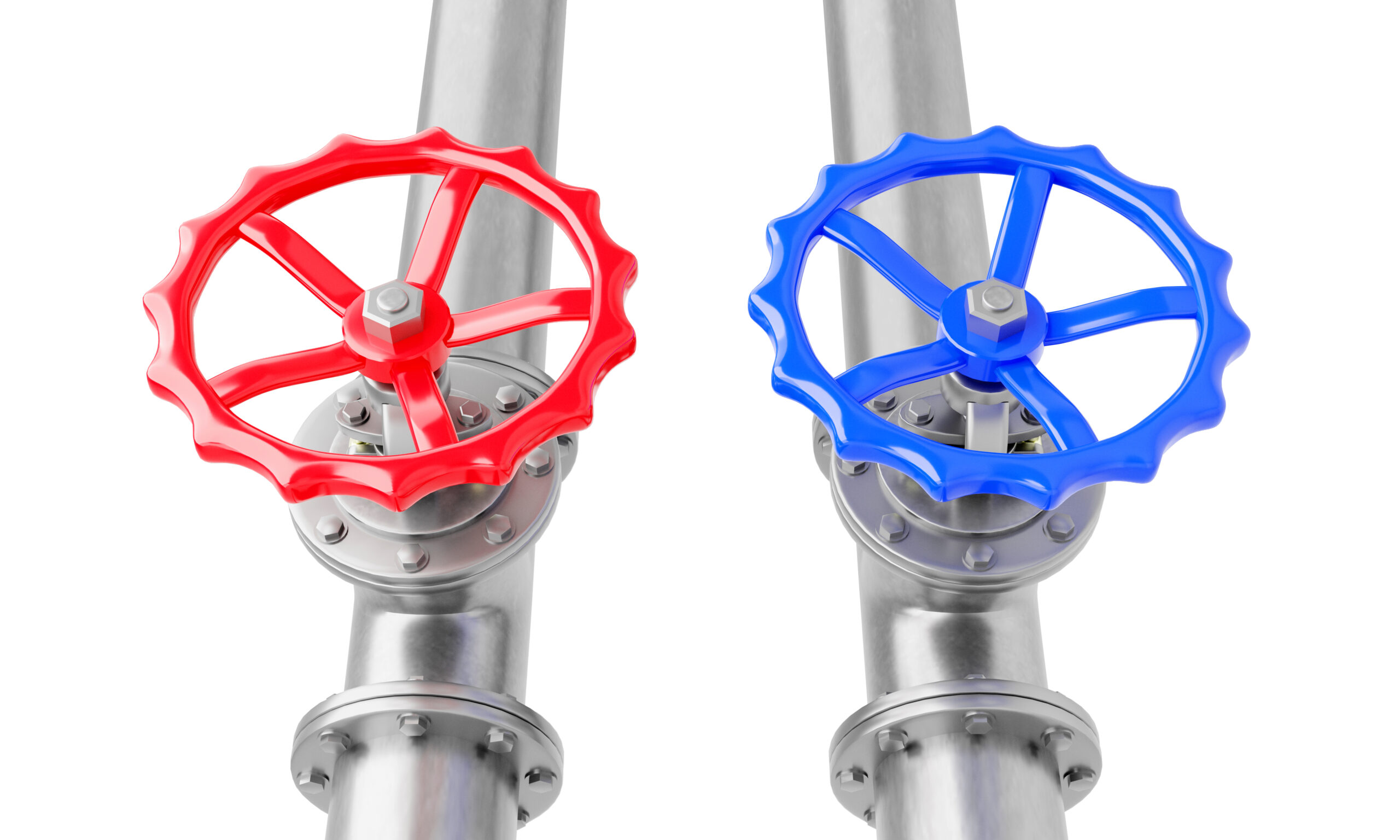 3d render blue red valves steel pipes from top view isolated white background