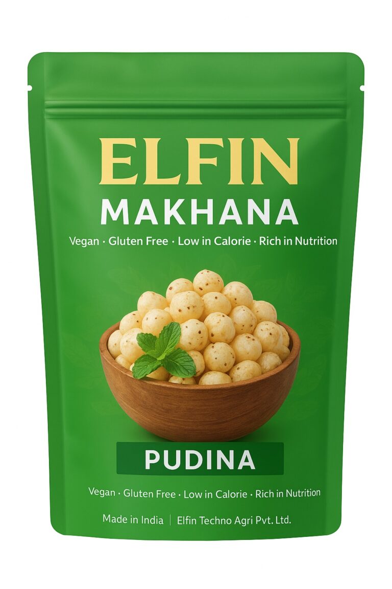 elfin makhana pudina flavor snack pack with puffed lotus seeds in a bowl.