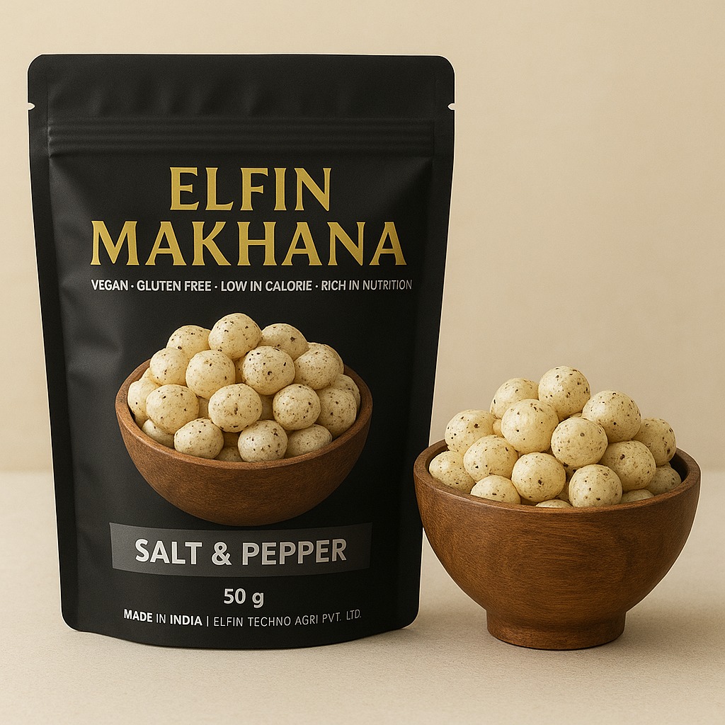 elfin makhana salt & pepper pack with a wooden bowl of roasted makhana.