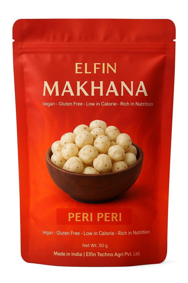 elfin peri peri flavoured makhana snack pack – vegan, gluten free, low calorie roasted fox nuts in red packaging.