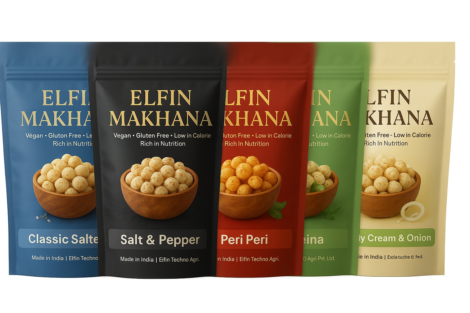 five packs of elfin makhana snacks in classic salted, salt & pepper, peri peri, pudina, and cream & onion flavors.