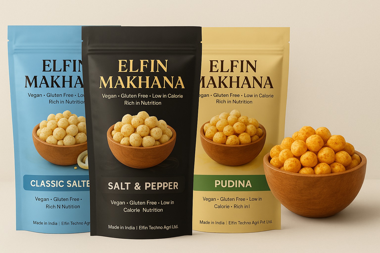 three packs of elfin makhana snacks in classic salted, salt & pepper, and pudina flavors with bowls of puffed lotus seeds in front.